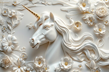 abstract relief design with a unicorn and flowers, white and gold