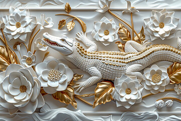 abstract relief design with a crocodile and flowers, white and gold