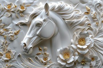 abstract relief design with a horse and flowers, white and gold