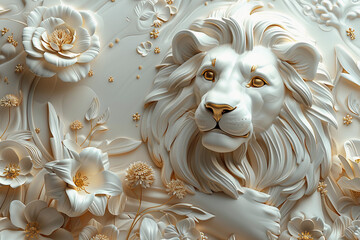 abstract relief design with a lion and flowers, white and gold