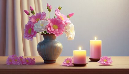 still life with pink orchid and candles flower, bouquet, vase, flowers, pink, nature, blossom