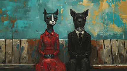 A dog in a suit and a cat in a dress sit on a bench, exuding charm and whimsy, embodying anthropomorphic elegance and playful companionship