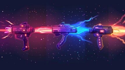 Modern illustration of laser blasters, space guns VFX effect with plasmic beams and rays. Modern illustration of raygun pistols, kid toys or futuristic alien weapons. Energy phasers in color cartoon - obrazy, fototapety, plakaty