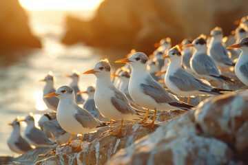 A photograph of a colony of terns on a sandy beach, their sharp calls and quick flights creating a l