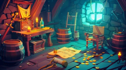 Captain's cabin aboard a pirate ship at night, filled with old wooden tables, chairs, barrels, gold coins, a treasure chest, rum bottles, daggers, and candles, modern cartoon illustration. - obrazy, fototapety, plakaty