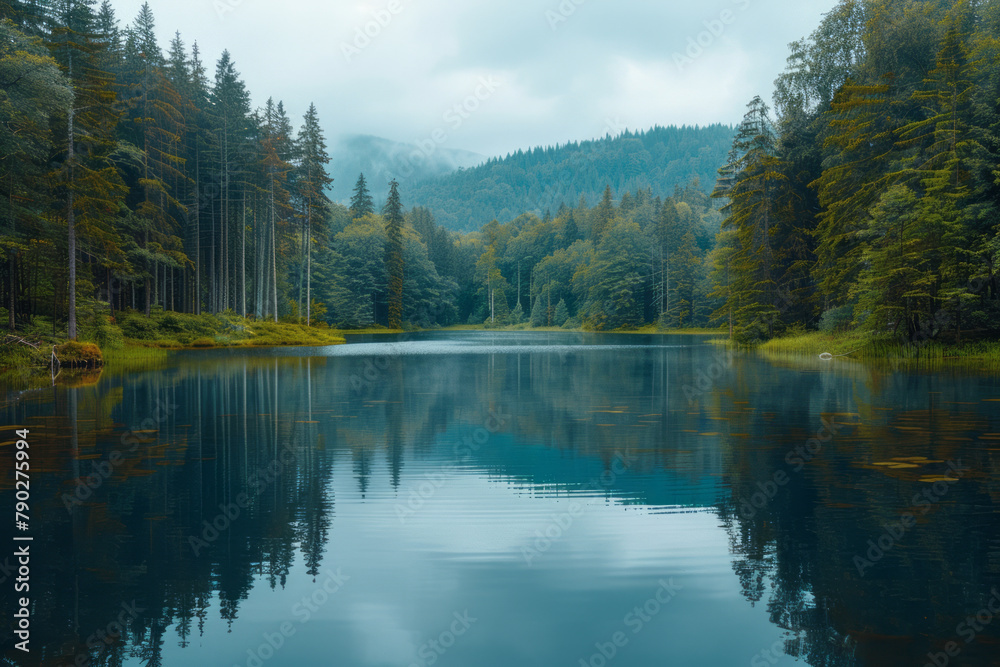 Poster a photograph of a forest reflected in a perfectly still lake, the scene so clear it becomes difficul