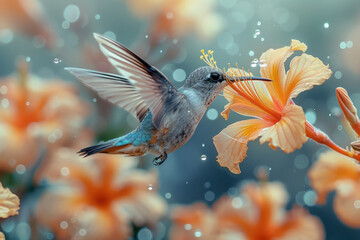 A close-up of a delicate hummingbird sipping nectar from a bright flower, its wings a blur of motion