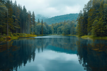 A photograph of a forest reflected in a perfectly still lake, the scene so clear it becomes difficul
