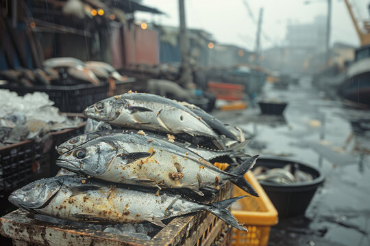 A photograph of a fish market where all the seafood on display contains traces of heavy metals and p