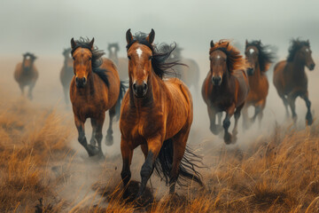 A photograph of a herd of wild horses galloping across a dusty plain, the sense of freedom and wildn - obrazy, fototapety, plakaty