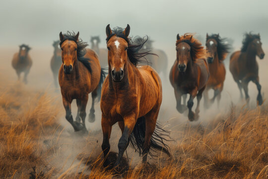 A photograph of a herd of wild horses galloping across a dusty plain, the sense of freedom and wildn