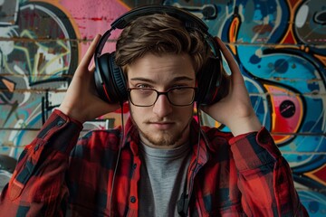portrait of a young male nerd, pretending to be a DJ with records and wearing headphones, set against a graffiti-style background - obrazy, fototapety, plakaty