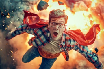 portrait of a young male nerd, pretending to fly with a cape, his expression ecstatic, set against a bright, comic book-style explosion background - obrazy, fototapety, plakaty