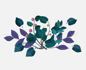 A bouquet of dark green and purple petals with branches of berries. Vector illustration isolated on white background.