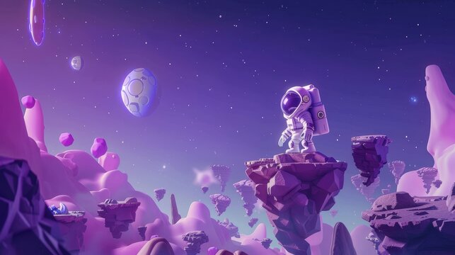 Game level map with little astronaut and platforms with stages. Futuristic alien planet surface and cute spaceman, modern cartoon illustration prepared for animation.
