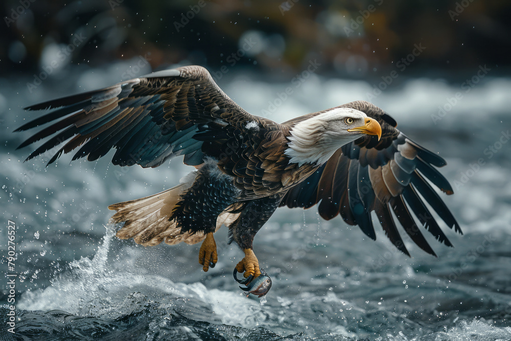 Poster a photograph of a majestic bald eagle swooping down to snatch a fish from a sparkling river, demonst