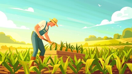 Harvesting, farming concept with villager on summer maize meadow landscape background, cartoon modern illustration of a farmer working on corn field. - obrazy, fototapety, plakaty