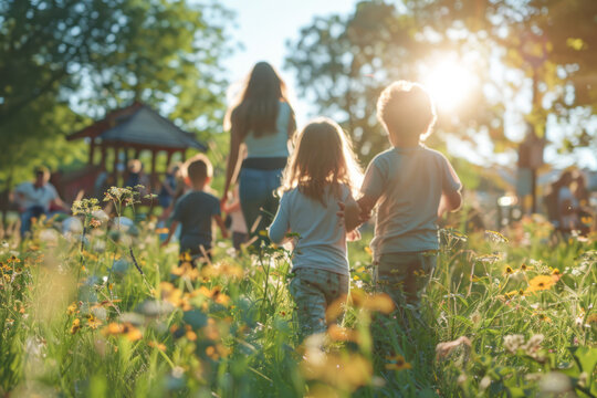 A photograph of a mother playing in the park with her children, active play that encourages physical