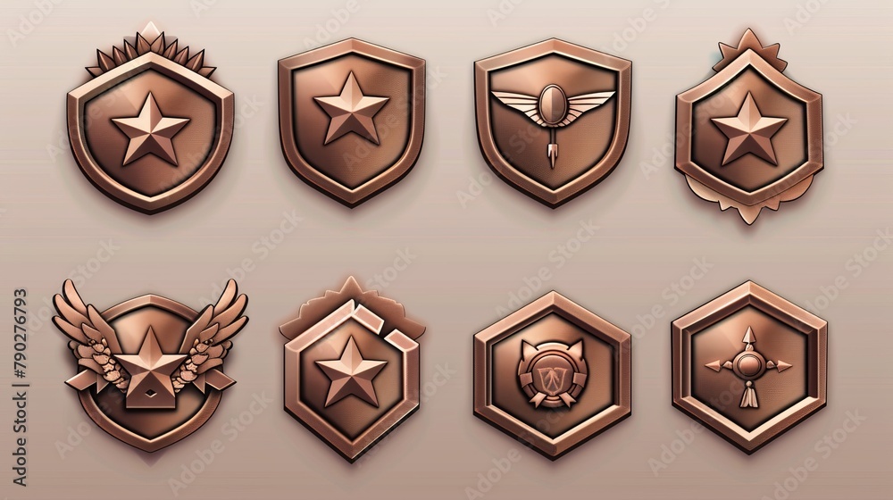 Wall mural there is a set of game rank icons, bronze level badges, metallic hexagon banners with military stars