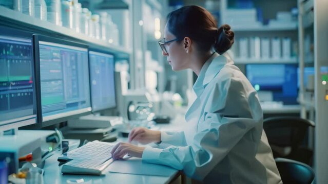 A focused woman is seen diligently working on a computer in a well-equipped laboratory setting, Pharmacist using machine learning technology to make precision drugs