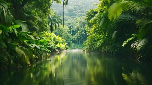 A vast body of water framed by a lush expanse of green trees, creating a majestic and serene natural setting, Picture of a river in the middle of a lush, tropical rainforest