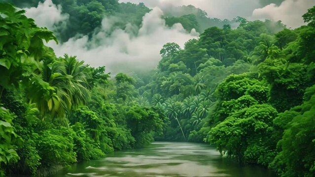 A river meandering through dense foliage and vibrant greenery in a serene forest setting, Picture of a river in the middle of a lush, tropical rainforest