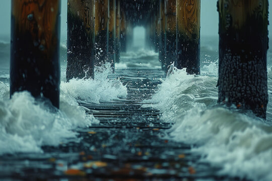 A photograph of a rain-soaked pier, waves crashing over the sides, with storm-driven water flooding