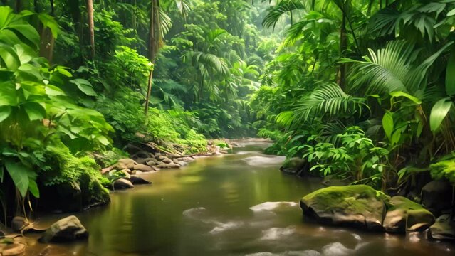 A meandering stream cuts through a dense forest, showcasing the vibrant green foliage and the movement of water, Picture of a river in the middle of a lush, tropical rainforest