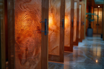 A photograph of a set of doors at a privacy conference, each door paneled with magnified fingerprint