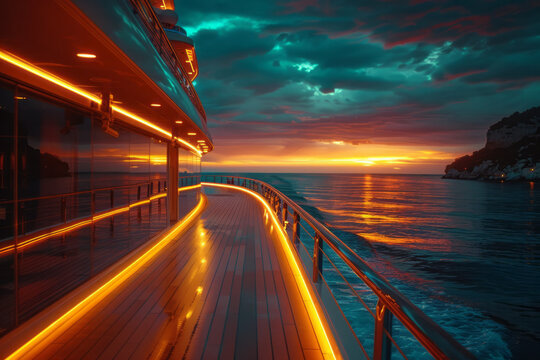 A photograph of a state-of-the-art cruise ship at sunset, its decks aglow with lights, offering a mo