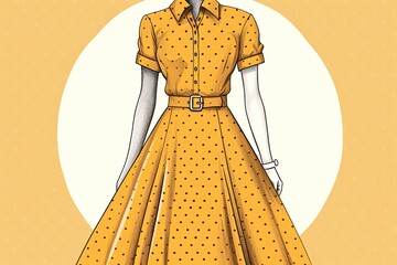 Fashion illustration of a vintage yellow polka dot dress with a collar and belt in a flat color, retro vector art style.