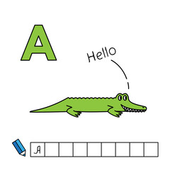 Alphabet with cute cartoon animals isolated on white background. Learning to write game for children education. Vector illustration of alligator and letter A