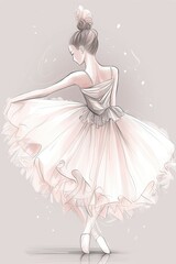 Digital art of a simple ballerina in a white and pink elegant dress in the style of a hand drawing in soft colors.