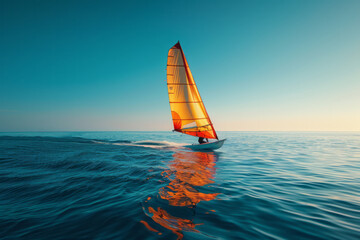 A photograph of a windsurfer gliding across the water, the colorful sail billowing against the clear