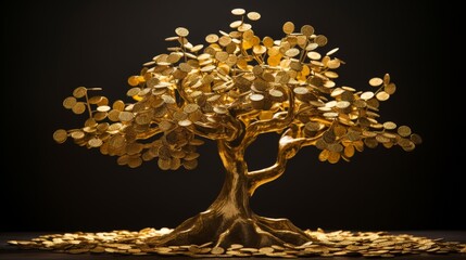 A golden tree where the leaves are made of coins and the trunk of stacked gold bars, creatively symbolizing financial stability and growth