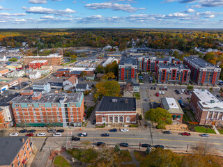 North Attleborough historic city center aerial view in fall on Washington Street at town common,...