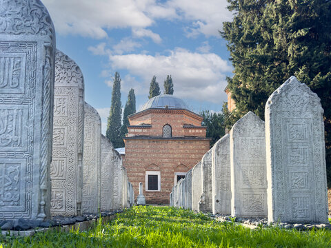 The historical Muradiye Mosque complex, belonging to the Ottoman Empire, located in Bursa, Historical cemeteries and tombstones from the Ottoman Empire