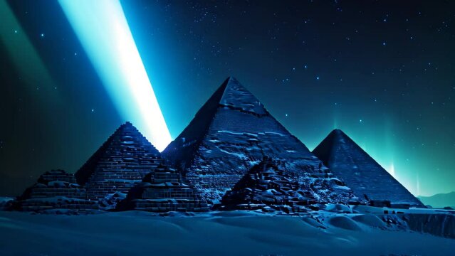 A stunning photo capturing a group of pyramids surrounded by snow, illuminated by the mesmerizing glow of the aurora lights, Pyramids of Egypt under the dancing Northern Lights