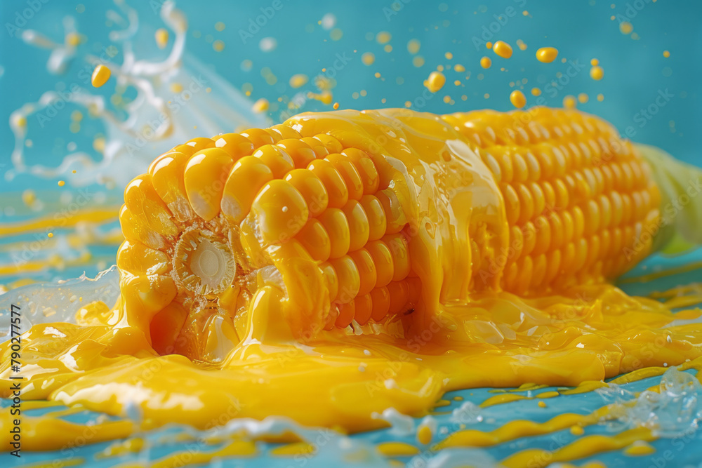 Poster a photograph of corn on the cob rolled in yellow paint and then across a blue canvas, mimicking a su