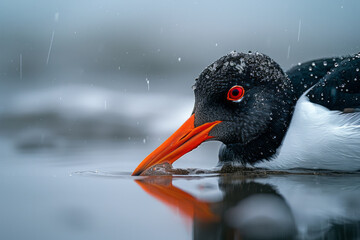 A photograph of an oystercatcher probing the sand for shellfish, its bright red beak contrasting sha