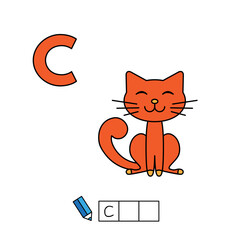 Alphabet with cute cartoon animals isolated on white background. Learning to write game for children education. Vector illustration of cat and letter C