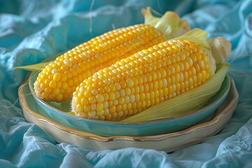 A photograph of corn on the cob rolled in yellow paint and then across a blue canvas, mimicking a su