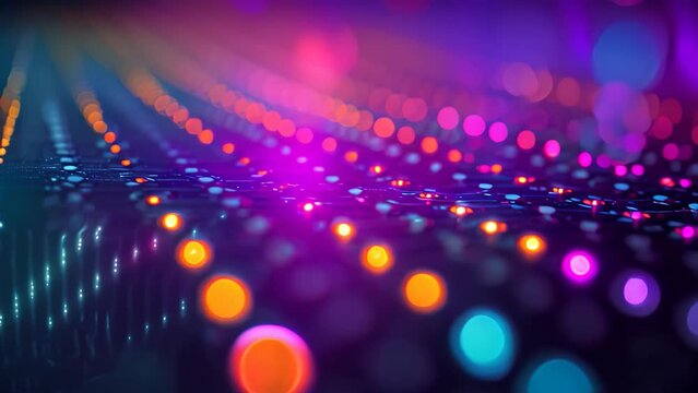 This photo showcases a lively and energetic background filled with an array of circles formed by vibrant and colorful lights, Quantum dots in a nanochip