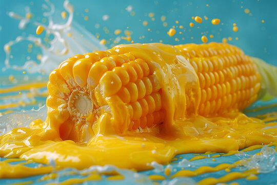 A photograph of corn on the cob rolled in yellow paint and then across a blue canvas, mimicking a su