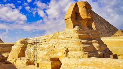 Foto op Canvas A grand view of the Great Sphinx of Giza with scaffolding for restoration work on a bright hot day on the Giza plateau  © InnerPeace