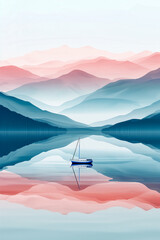 A boat is floating on a lake in front of a mountain range