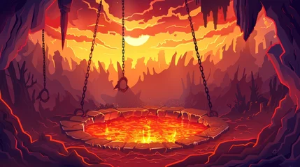 Schilderijen op glas Fight ring in inferno with hot lava and fire in the background of a game battle arena. Stone circle platform hanging on metal chains. Modern cartoon illustration of an inferno setting with a hell © Mark