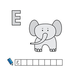 Alphabet with cute cartoon animals isolated on white background. Learning to write game for children education. Vector illustration of elephant and letter E