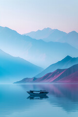 A boat is floating on a lake in front of a mountain range