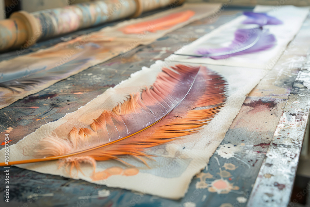 Poster A scene capturing the process of using bird feathers to transfer ink to watercolor paper, creating a